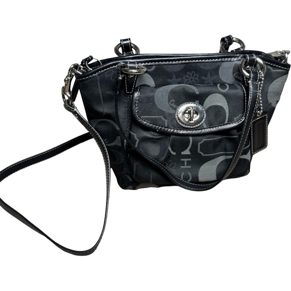 Coach Poppy Signature Shoulder Tote Crossbody Black Gray Turnlock 